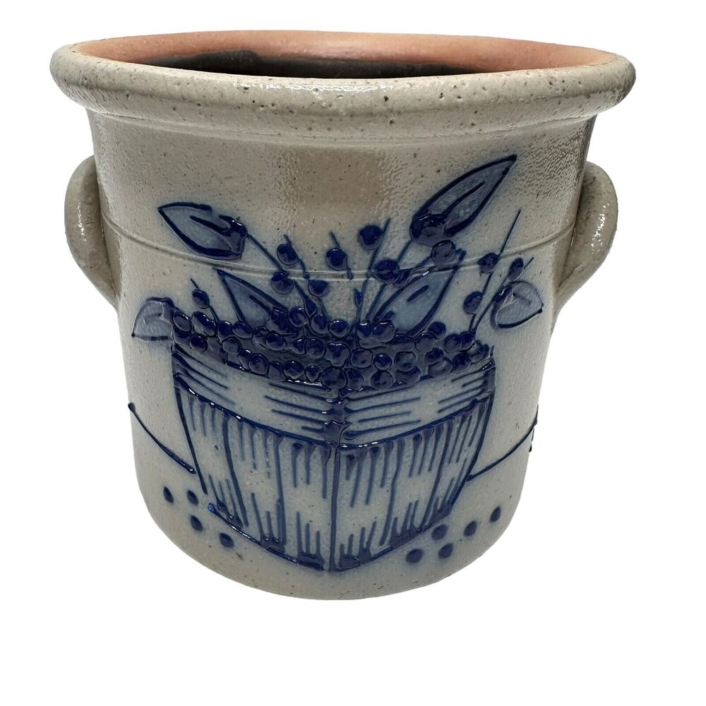 1992 Salmon Falls Blue Decorated Stoneware Blue Berries Basket CrockWare Pottery - Picture 7 of 13